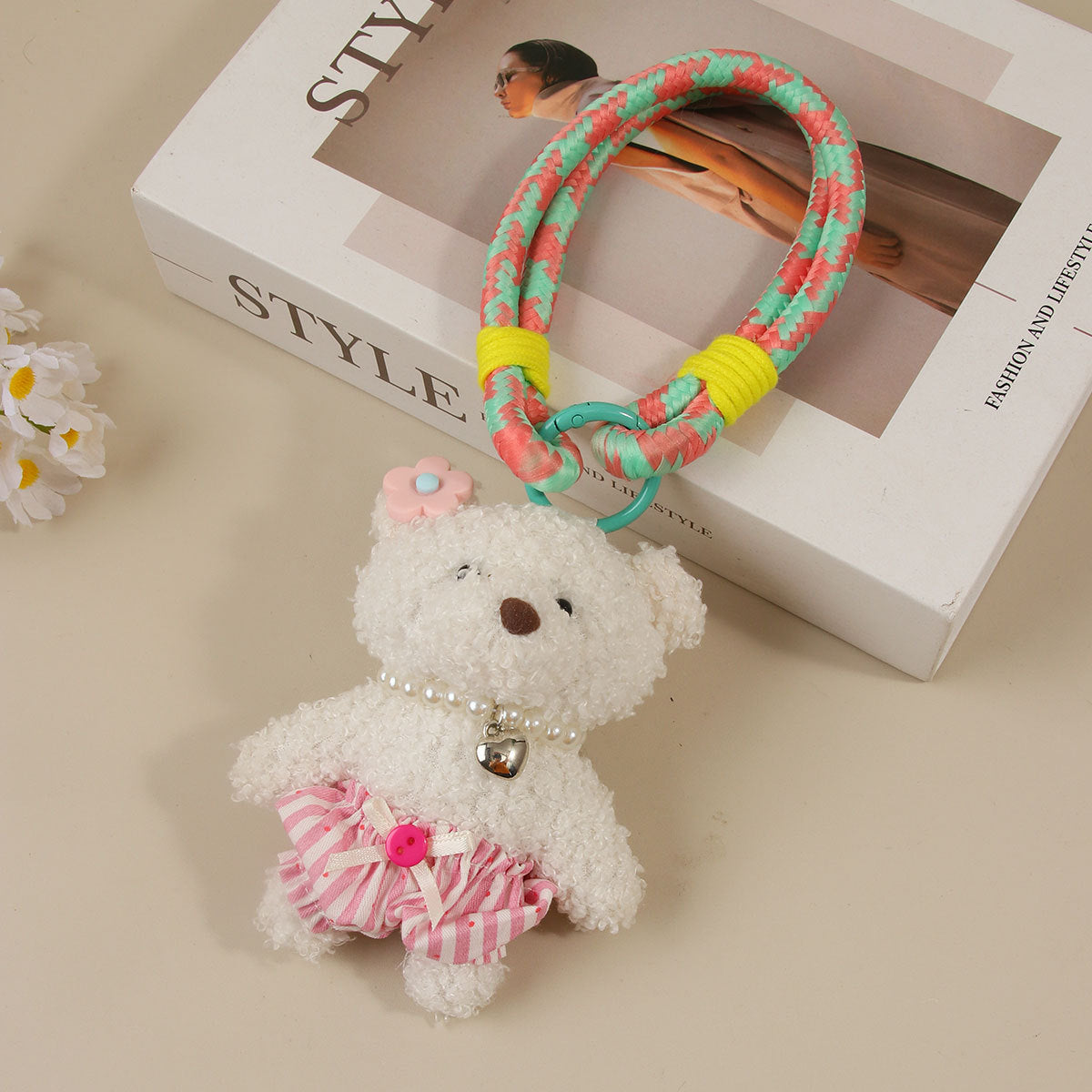Tutu Bear Plush Keychain With Braided Strap - White