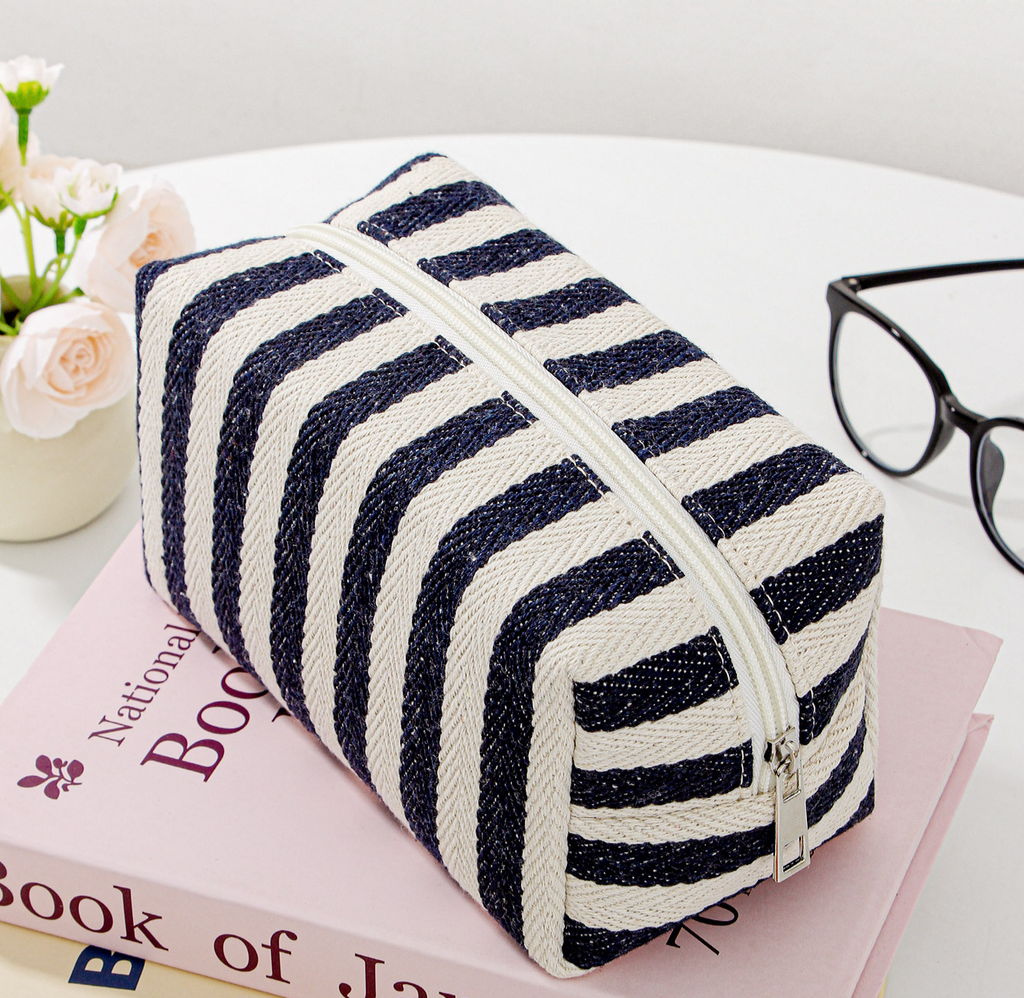 Woven Stripe Canvas Cosmetic Zip Pouch - Blue
