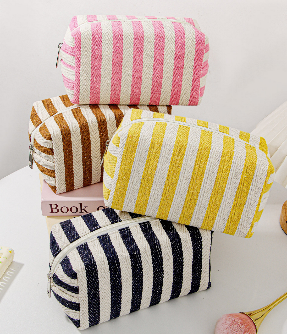 Woven Stripe Canvas Cosmetic Zip Pouch - Brown