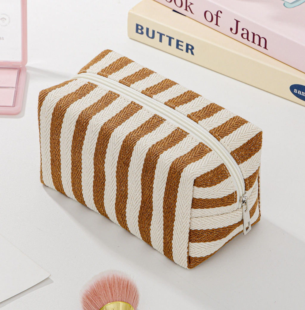Woven Stripe Canvas Cosmetic Zip Pouch - Brown - 1