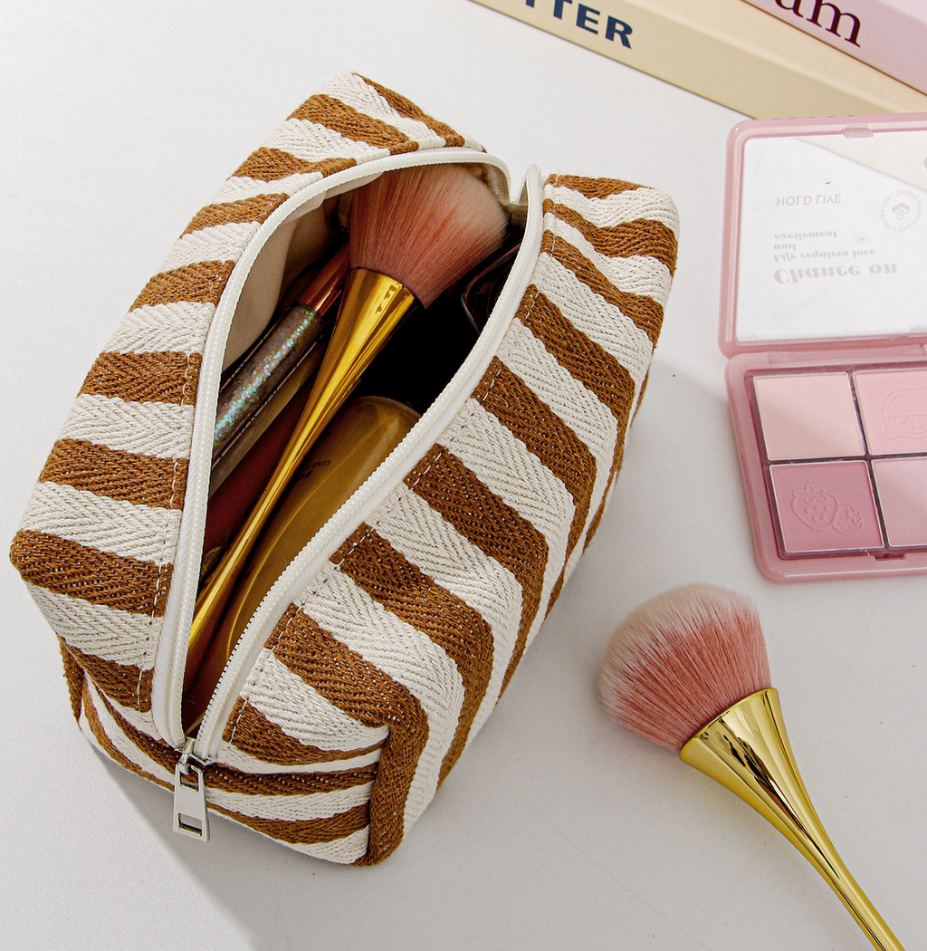 Woven Stripe Canvas Cosmetic Zip Pouch - Brown - 3