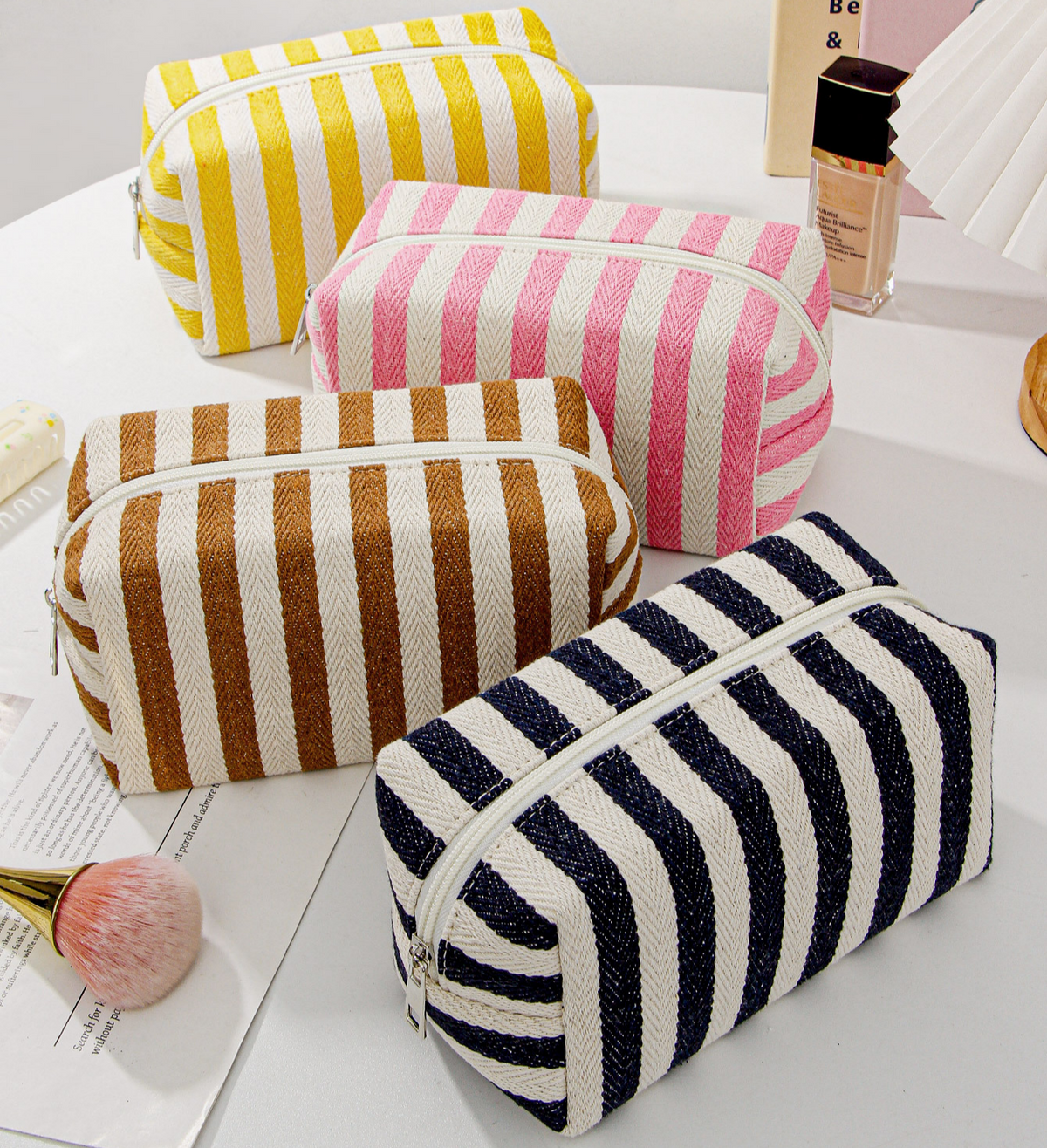 Woven Stripe Canvas Cosmetic Zip Pouch - Brown - 4