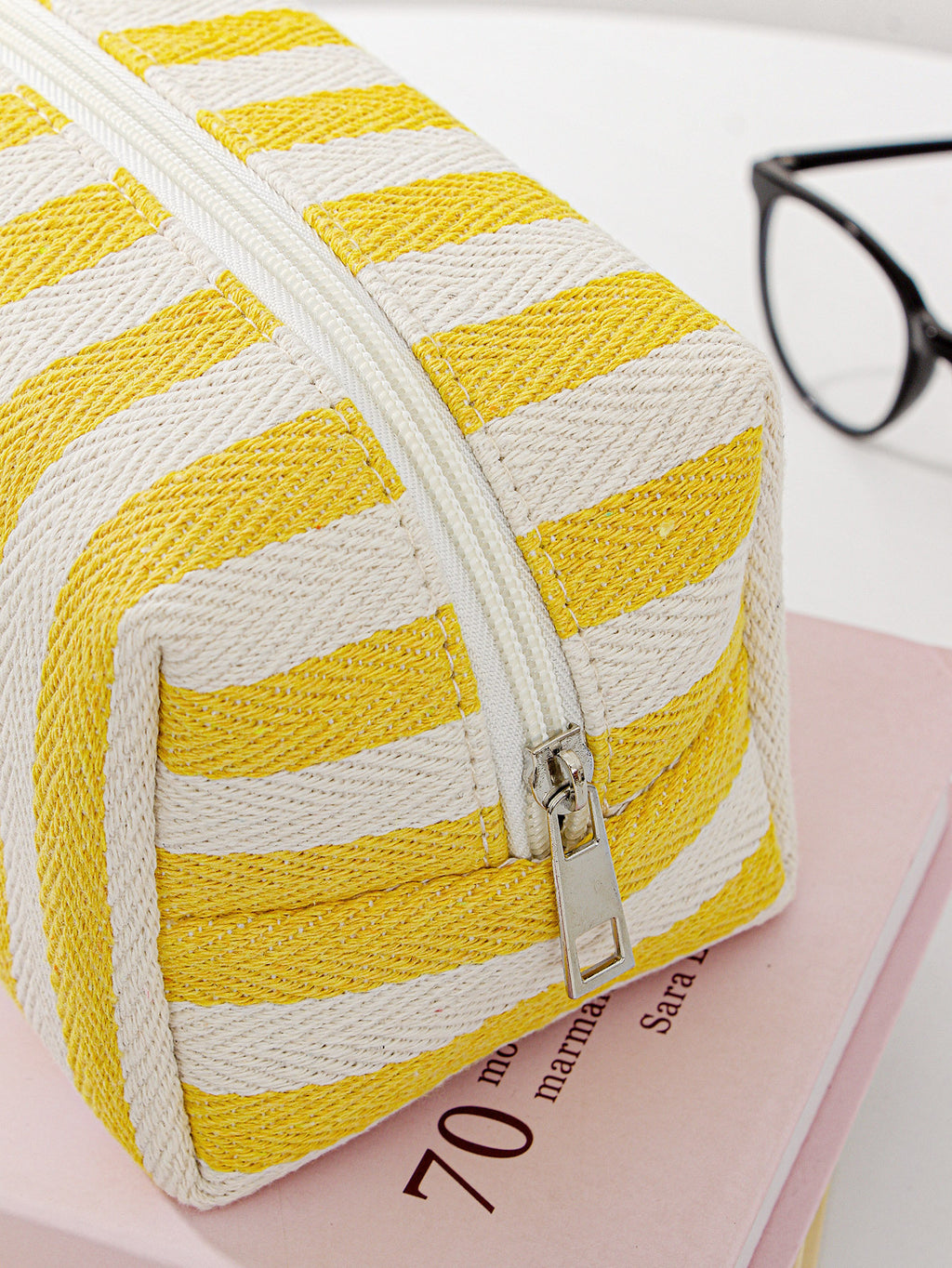 Woven Stripe Canvas Cosmetic Zip Pouch - Yellow - 1
