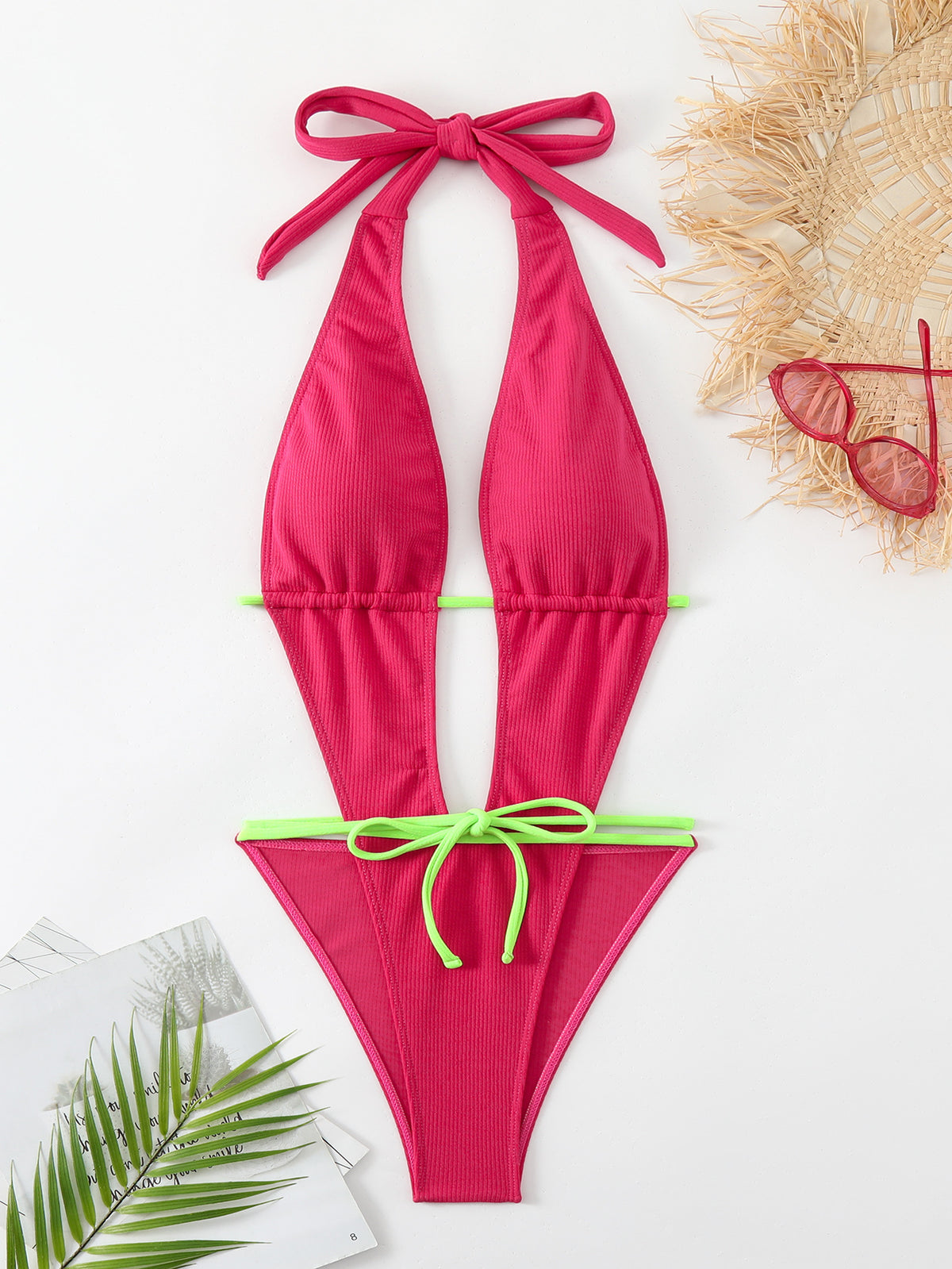 Contrast Tie Plunge One Piece Swimsuit - Rose red - 2