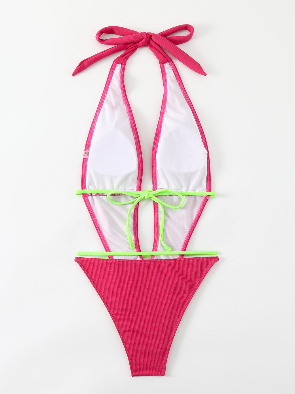 Contrast Tie Plunge One Piece Swimsuit - Rose red - 5