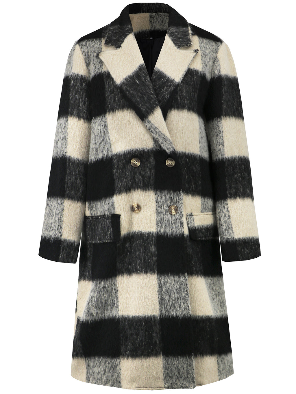 Buffalo Check Double Breasted Longline Coat - Black - 1