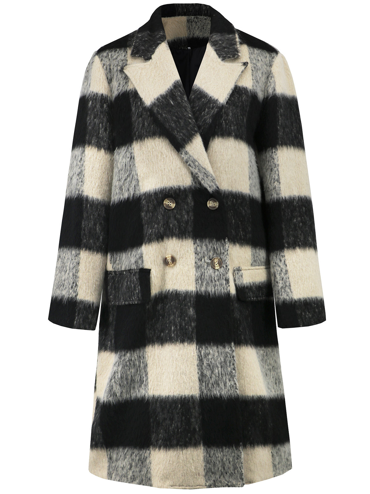Buffalo Check Double Breasted Longline Coat - Black - 1