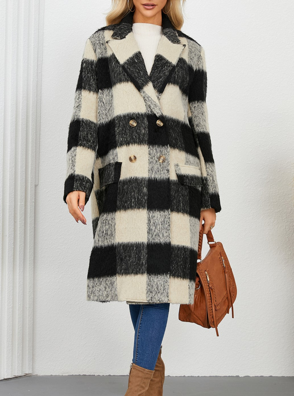 Buffalo Check Double Breasted Longline Coat - Black - 2