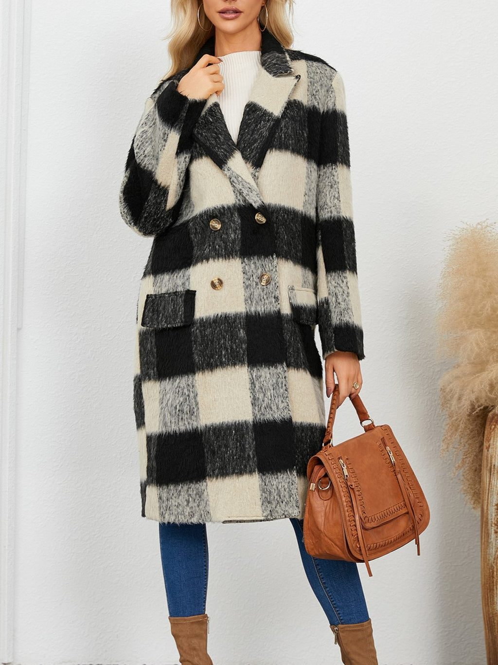 Buffalo Check Double Breasted Longline Coat - Black - 3