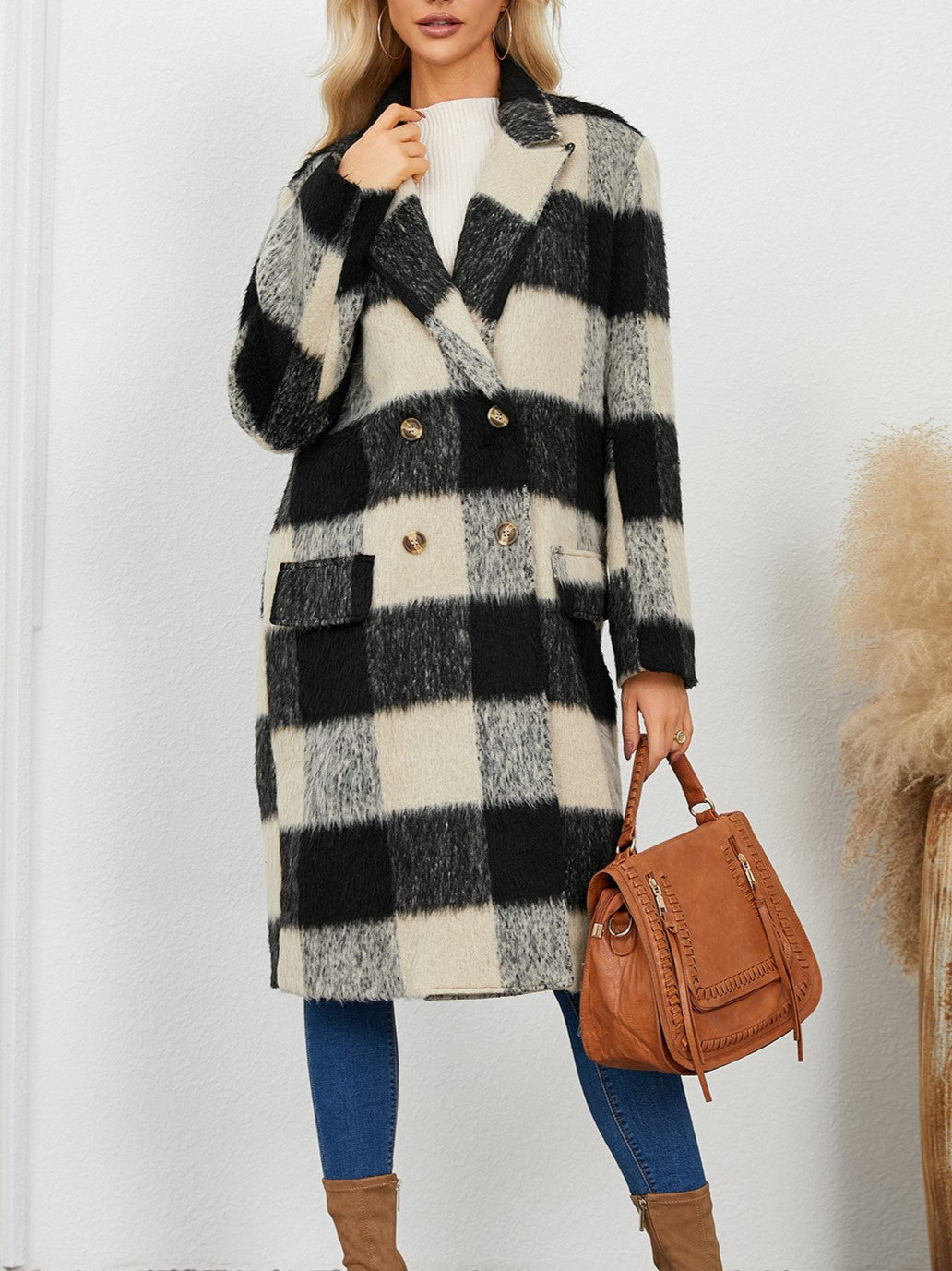 Buffalo Check Double Breasted Longline Coat - Black - 3