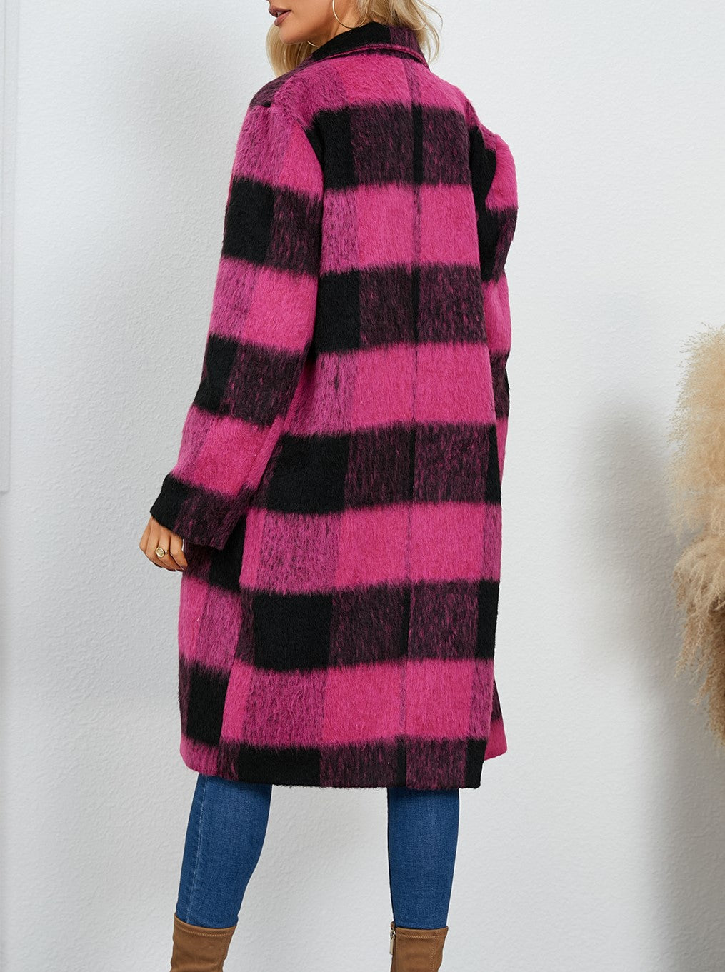 Buffalo Check Double Breasted Longline Coat - Rosered - 2