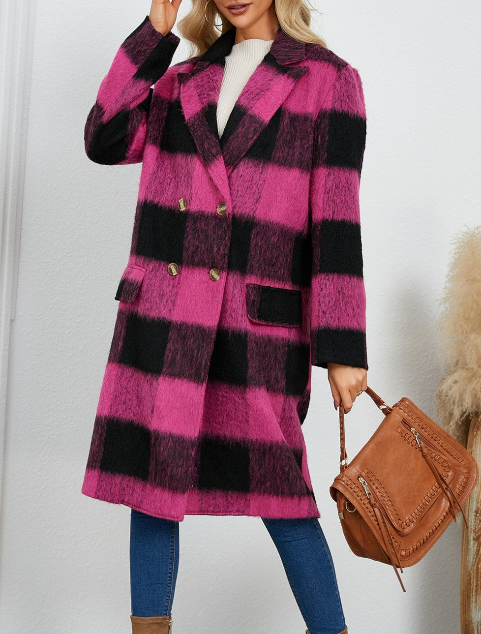 Buffalo Check Double Breasted Longline Coat - Rosered - 4