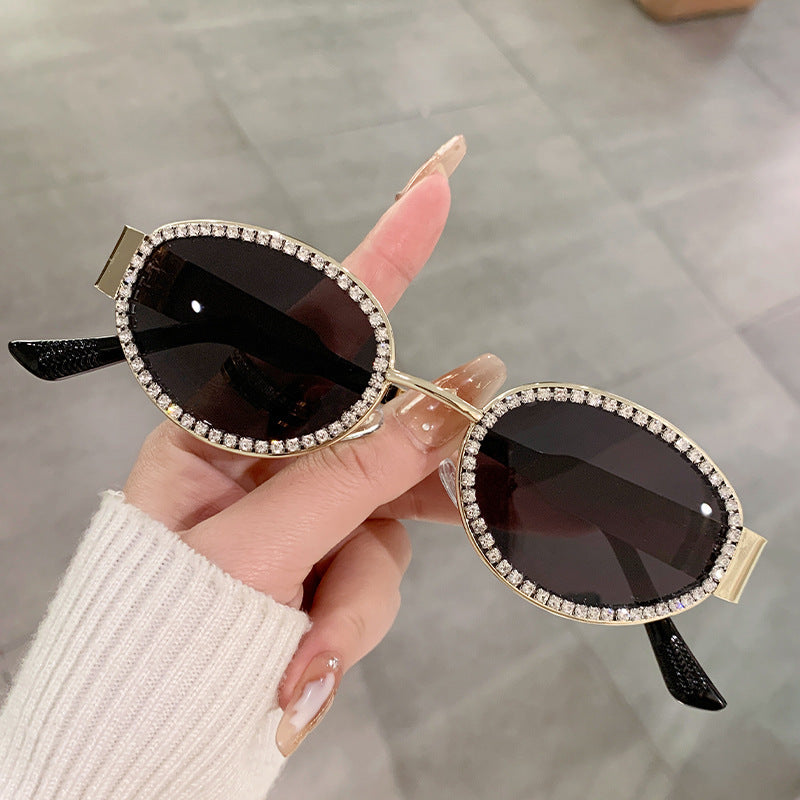 Crystal Trim Oval Retro Sunglasses - Gold