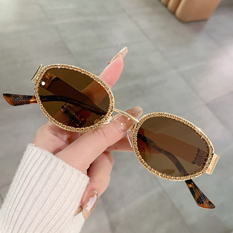 Crystal Trim Oval Retro Sunglasses - Goldtea