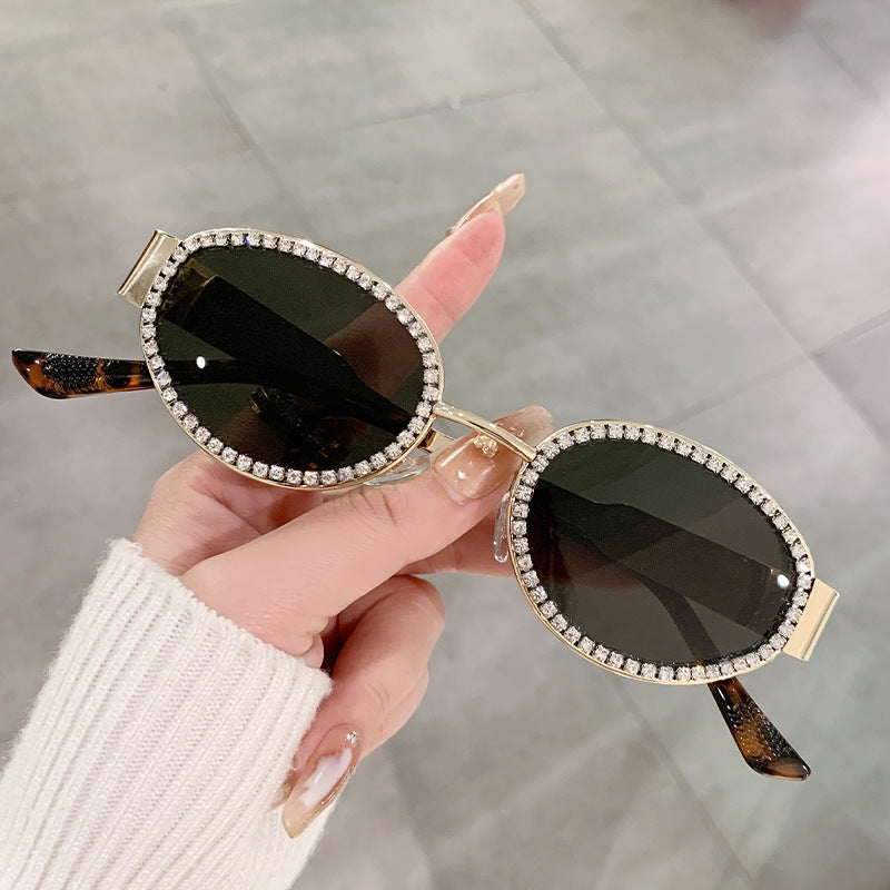 Crystal Trim Oval Retro Sunglasses - Green