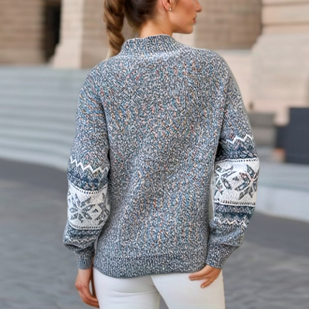 Marled Snowflake Fair Isle Knit Sweater - Grey - 1