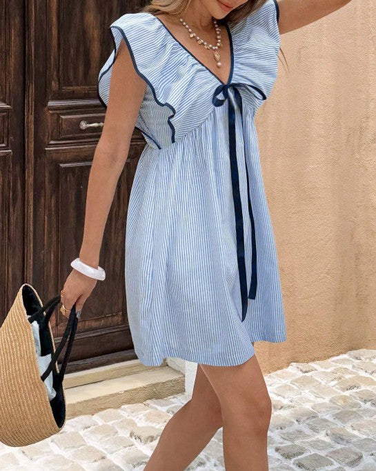 Pinstripe Flutter Sleeve Bow Front Mini Dress - Blue