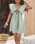 Pinstripe Flutter Sleeve Bow Front Mini Dress - Green