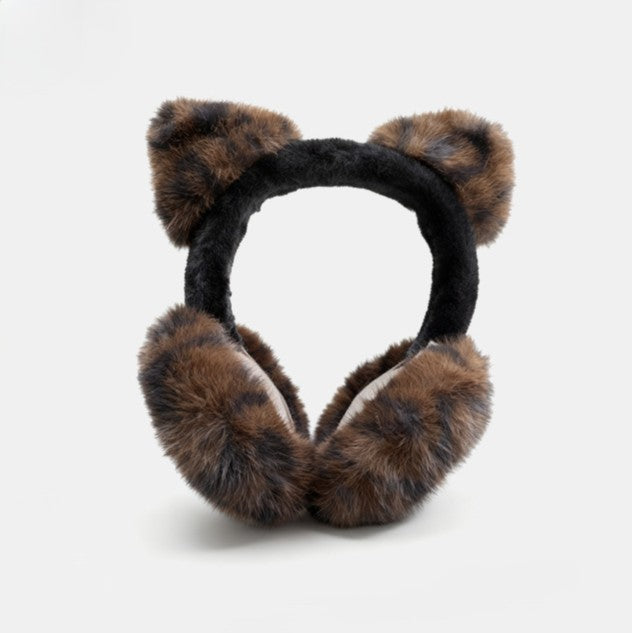 Leopard Print Cat Ear Plush Earmuffs - Brown