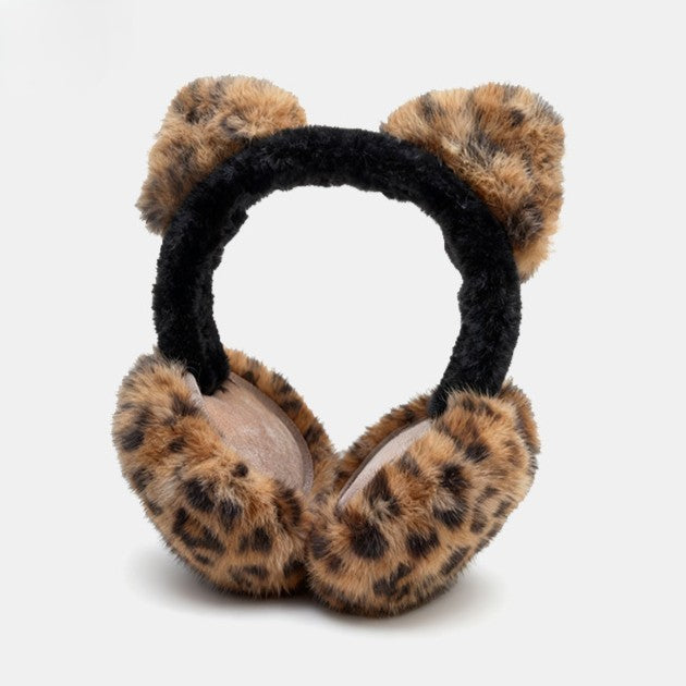 Leopard Print Cat Ear Plush Earmuffs - Coffee