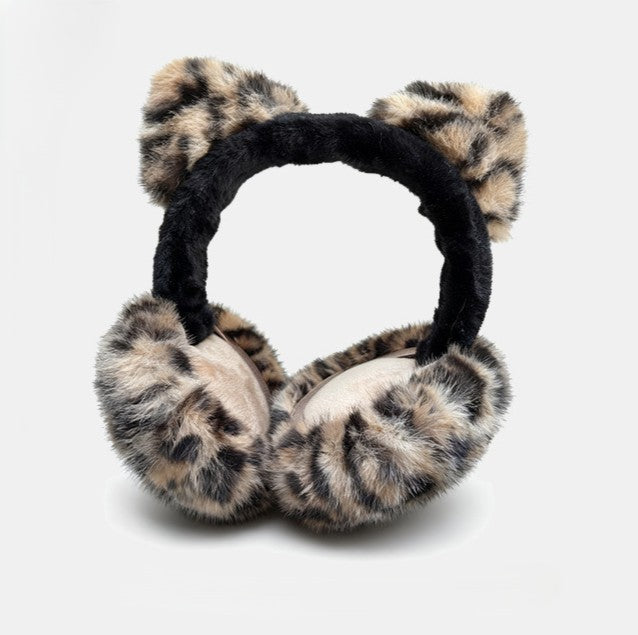 Leopard Print Cat Ear Plush Earmuffs - Grey