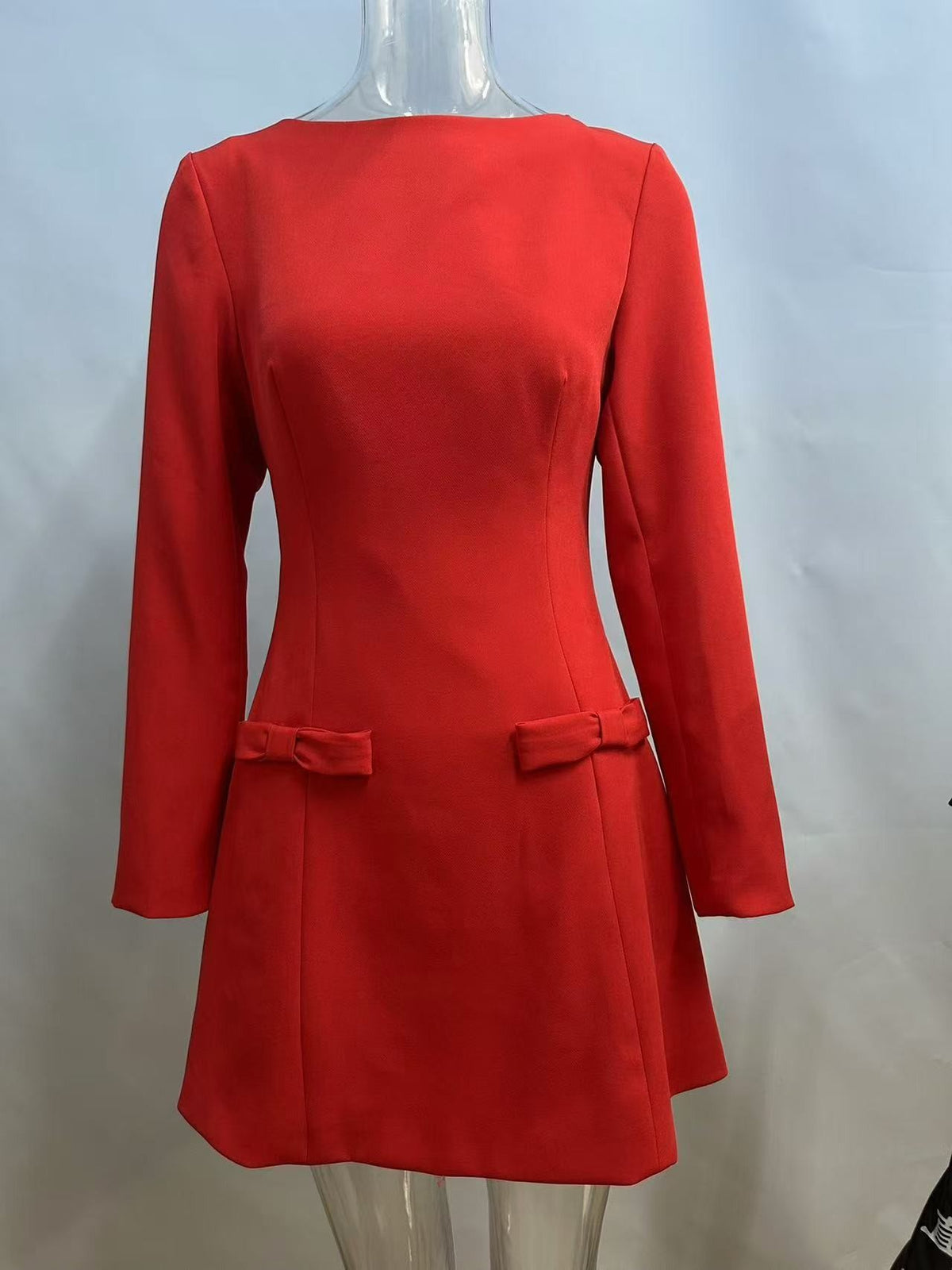 Boat Neck Bow Pocket Mini Dress - red - 1