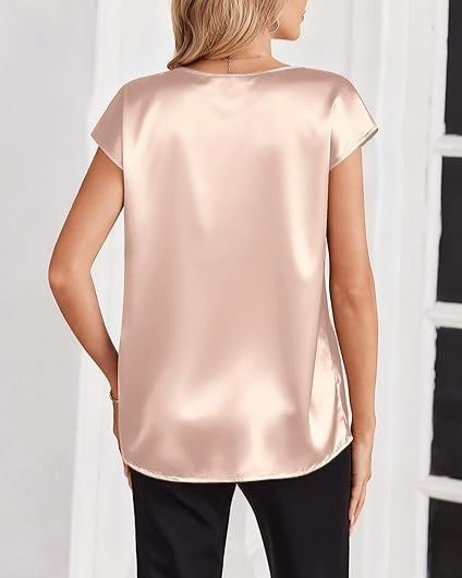 Silky Satin V-Neck Cap Sleeve Tee - Champagne - 1