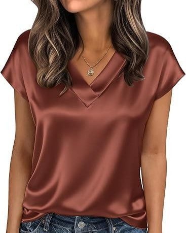 Silky Satin V-Neck Cap Sleeve Tee - Coffee