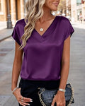 Silky Satin V-Neck Cap Sleeve Tee - Purple