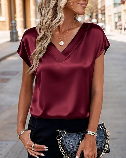 Silky Satin V-Neck Cap Sleeve Tee - Wine-Red