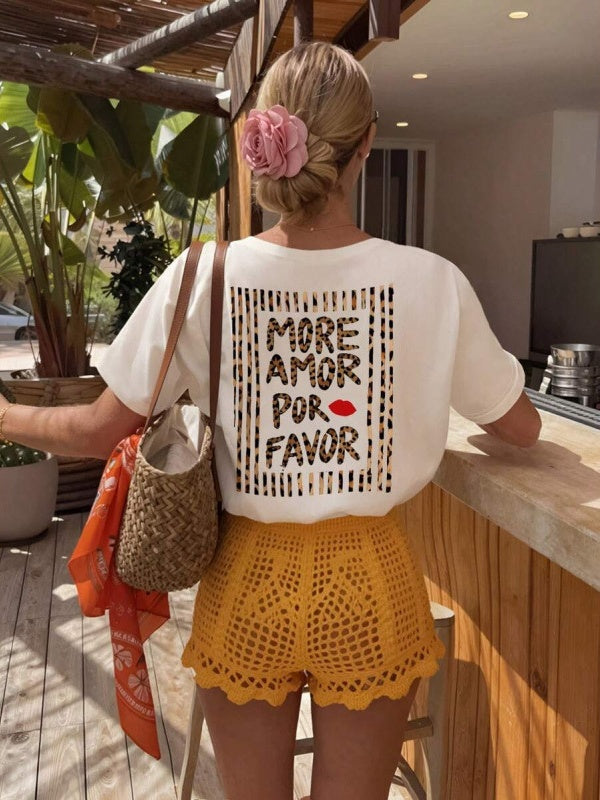 Retro Slogan Back Print Cotton Tee - Apricot03