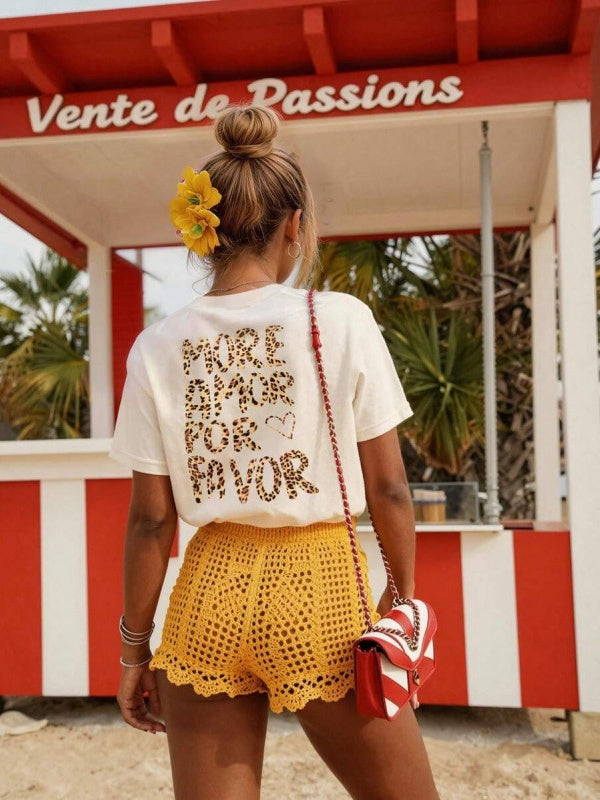 Retro Slogan Back Print Cotton Tee - Apricot04