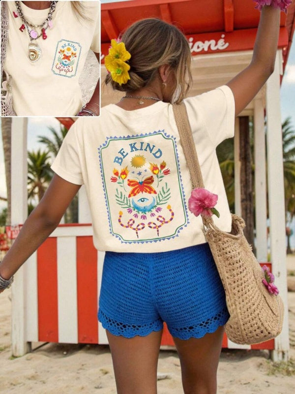 Retro Slogan Back Print Cotton Tee - Apricot05