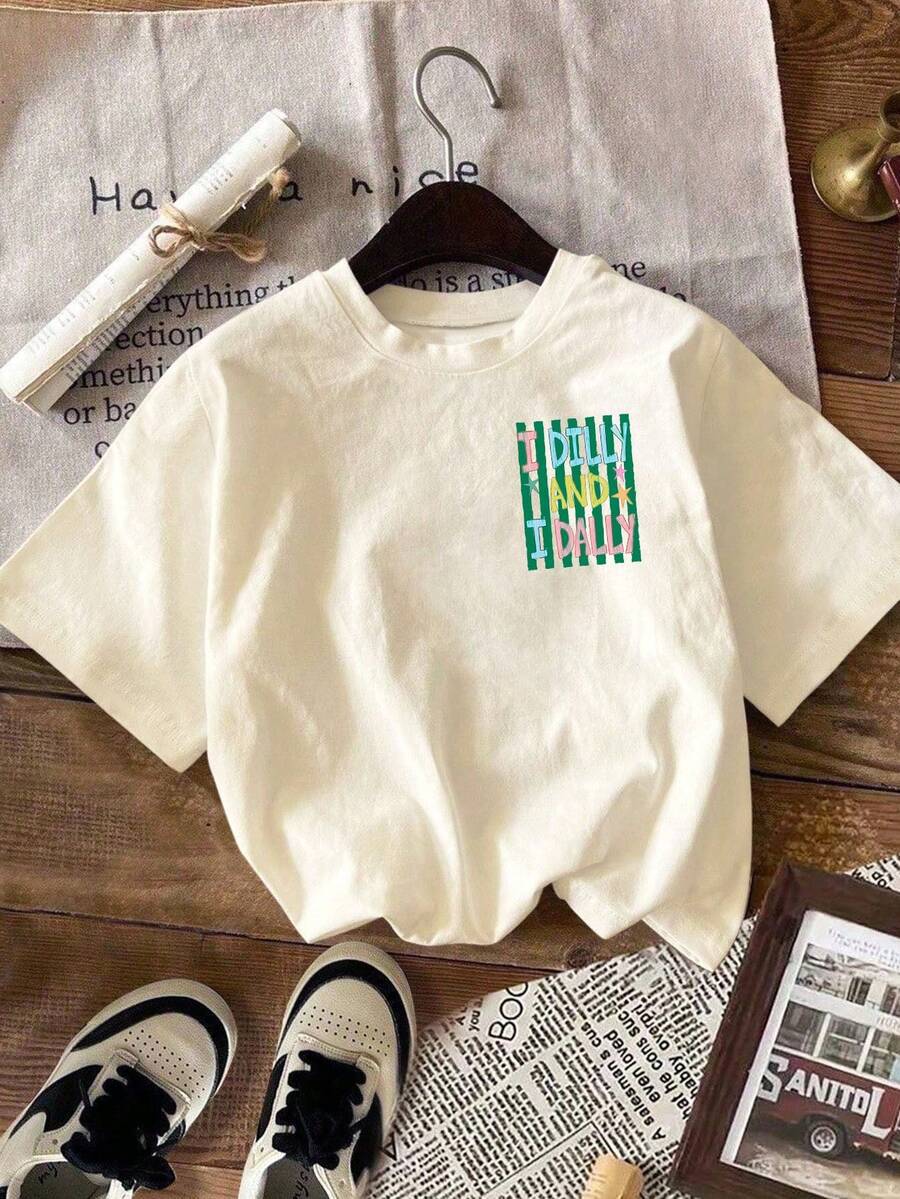 Retro Slogan Back Print Cotton Tee - Apricot06 - 1