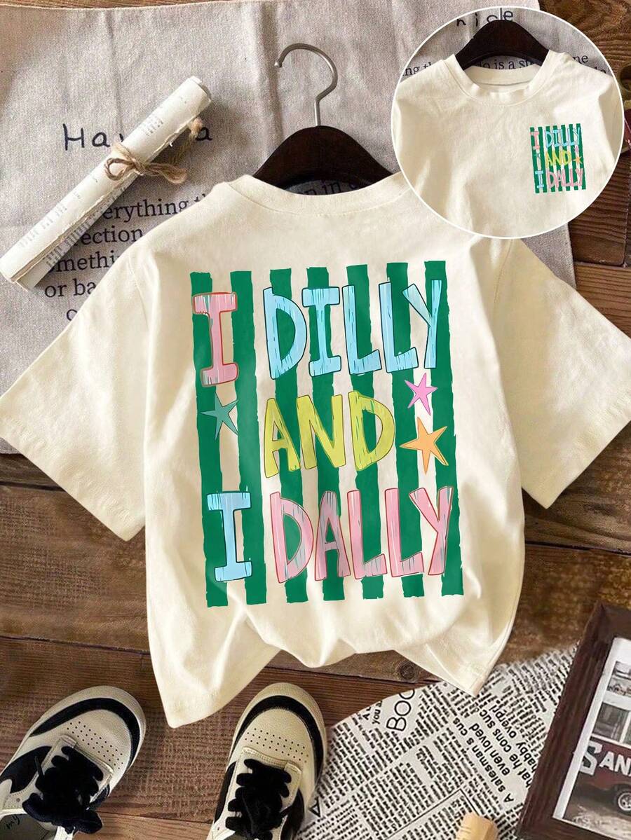 Retro Slogan Back Print Cotton Tee - Apricot06 - 3