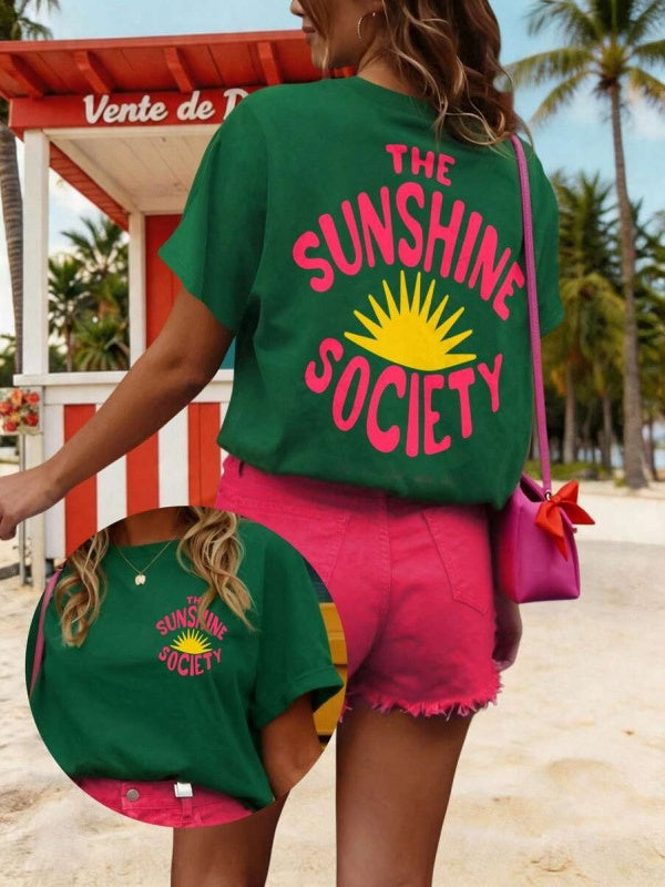 Retro Slogan Back Print Cotton Tee - Green02