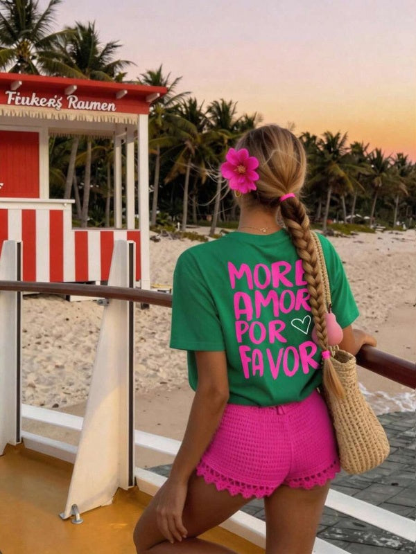 Retro Slogan Back Print Cotton Tee - Green03
