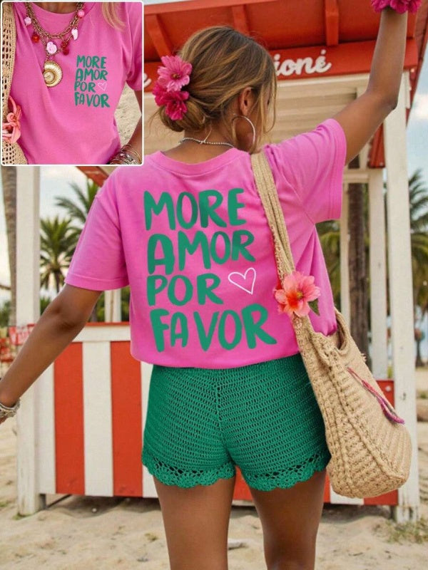 Retro Slogan Back Print Cotton Tee - HotPink