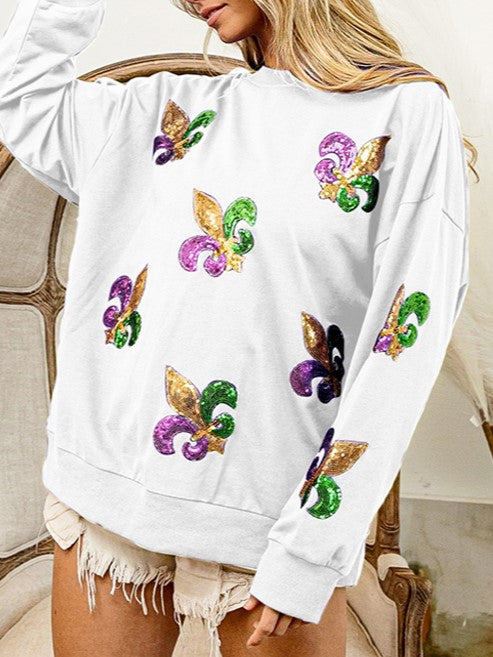 Mardi Gras Sequin Fleur De Lis Sweatshirt - White