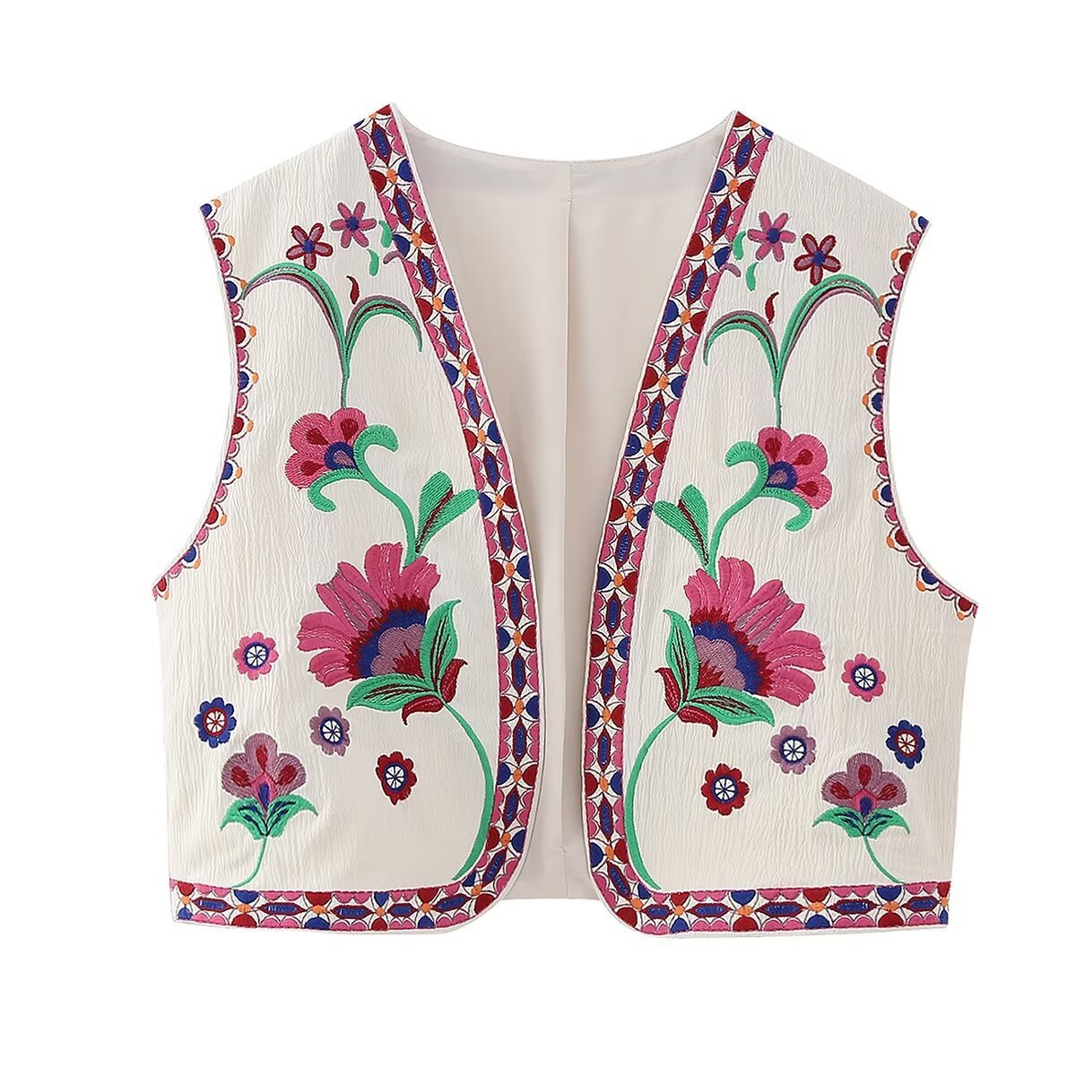 Embroidered Bloom Open Front Waistcoat - Red