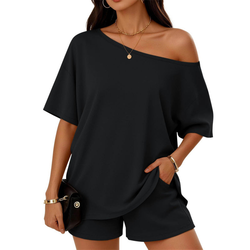 Slouchy Off Shoulder Top and Shorts Set - Black
