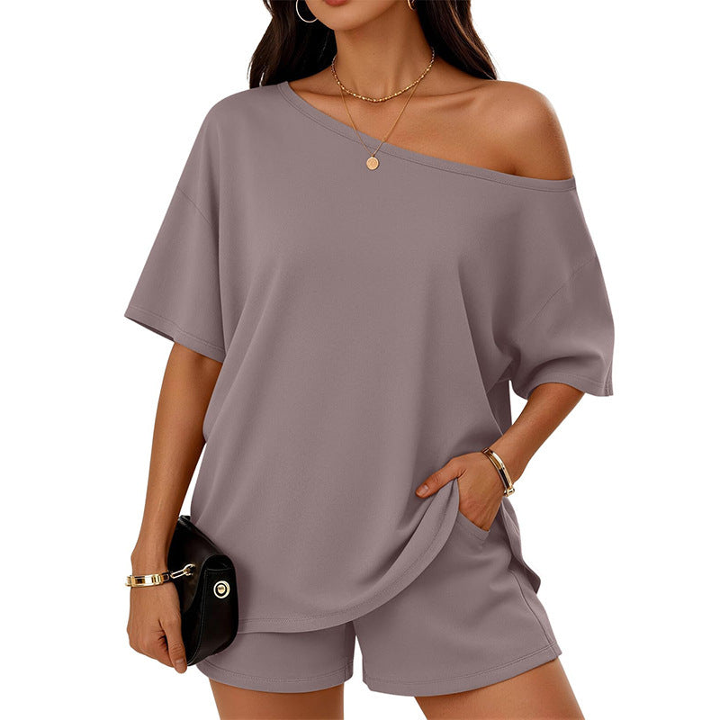 Slouchy Off Shoulder Top and Shorts Set - Purple