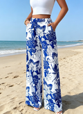 Blue Porcelain Floral Wide Leg Palazzo Pants - Blue
