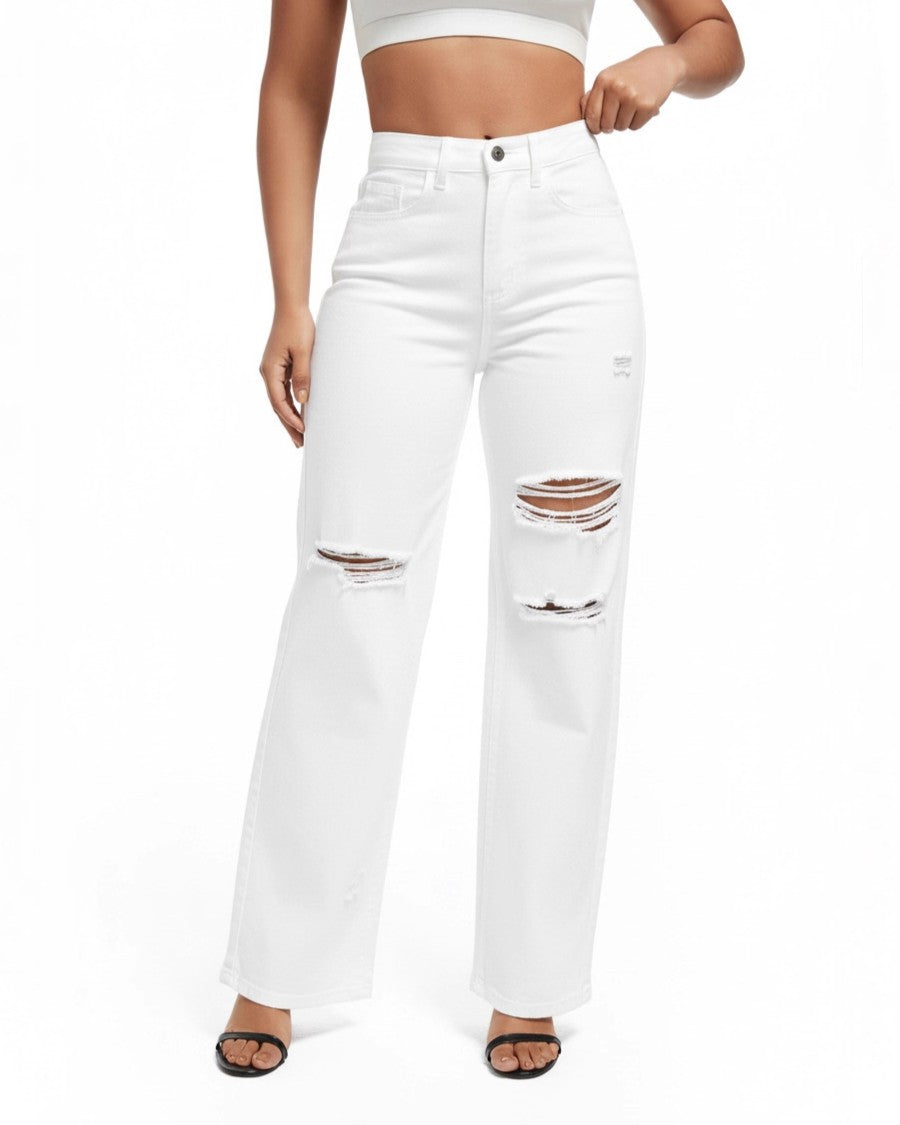 High Rise Ripped Wide Leg Denim Jeans - White
