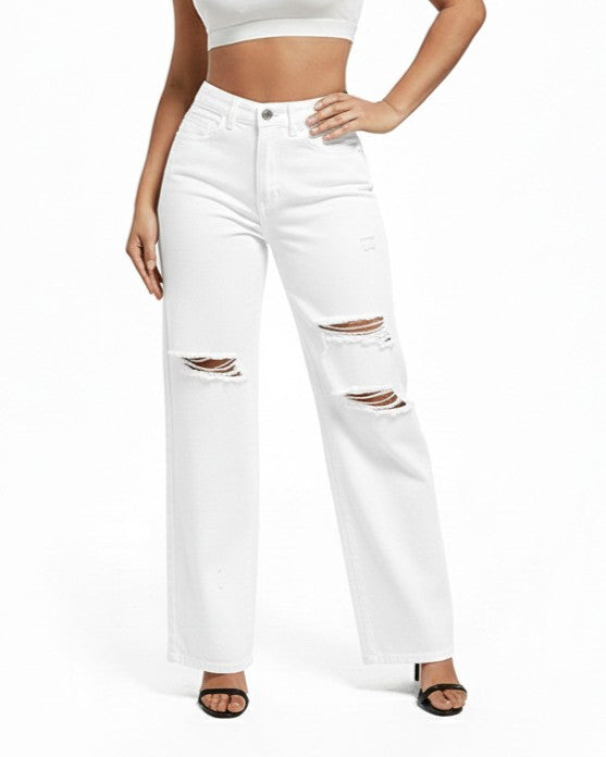 High Rise Ripped Wide Leg Denim Jeans - White - 1