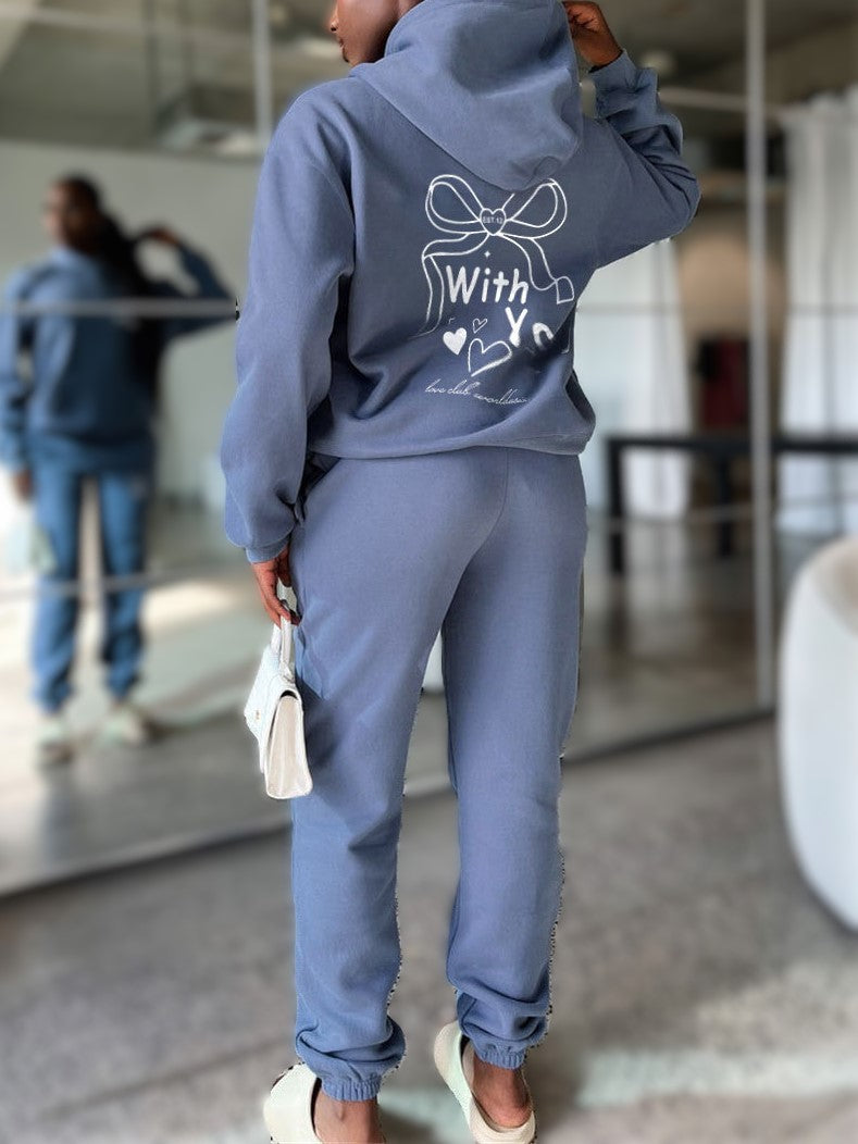Bow Graphic Hoodie And Sweatpants Set - Blue