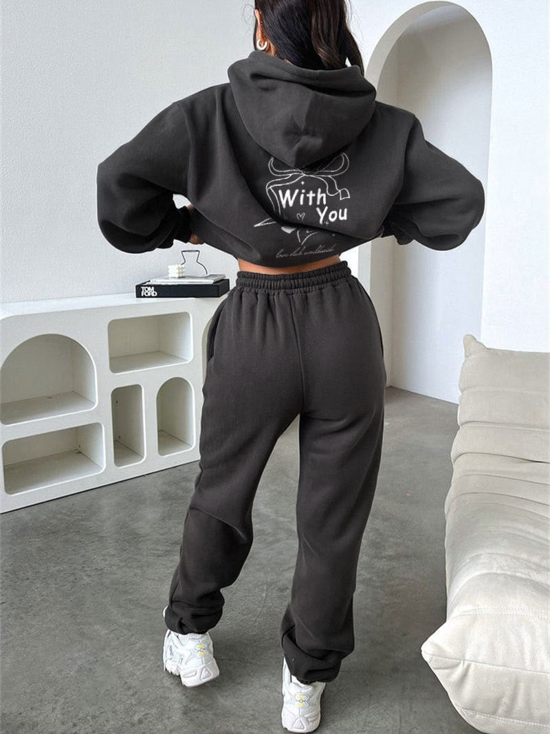 Bow Graphic Hoodie And Sweatpants Set - DarkGray - 1