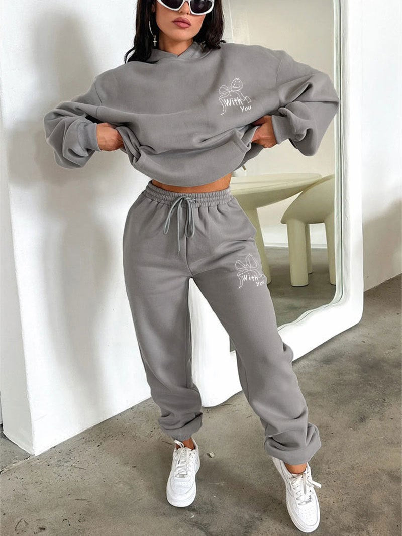 Bow Graphic Hoodie And Sweatpants Set - Gray