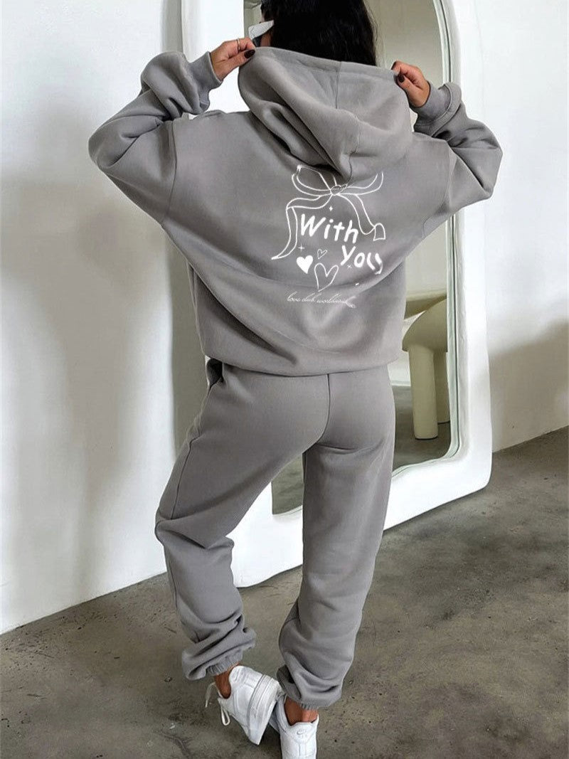 Bow Graphic Hoodie And Sweatpants Set - Gray - 1