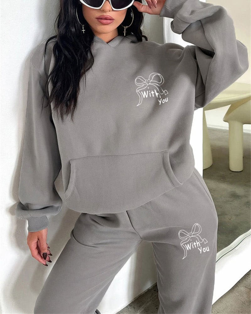 Bow Graphic Hoodie And Sweatpants Set - Gray - 2